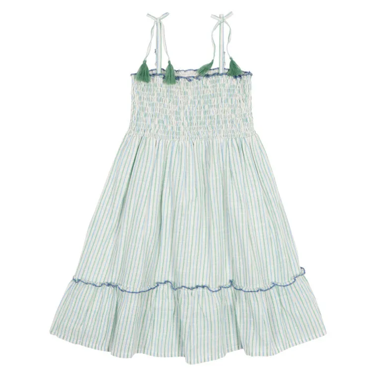 Shirred Strappy Sundress in Green Stripe