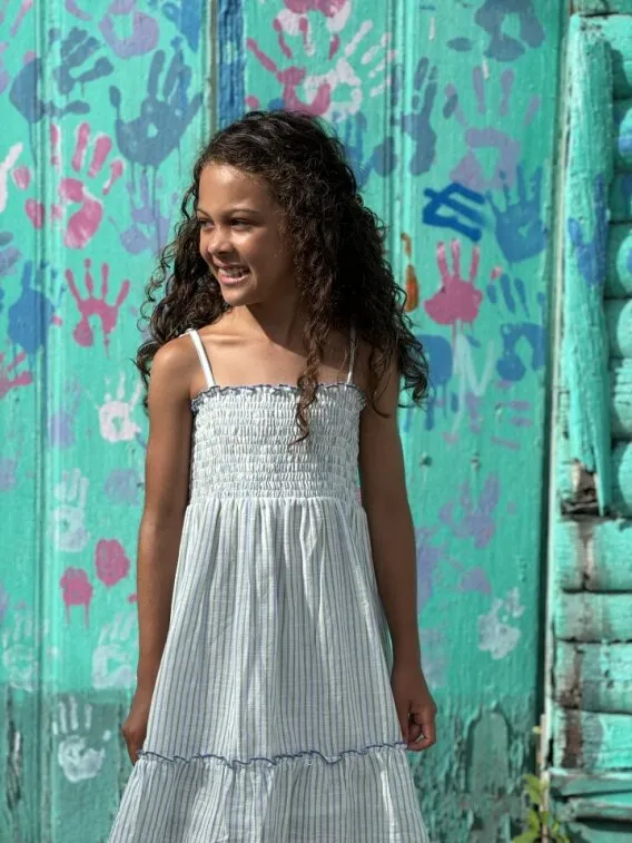Shirred Strappy Sundress in Green Stripe