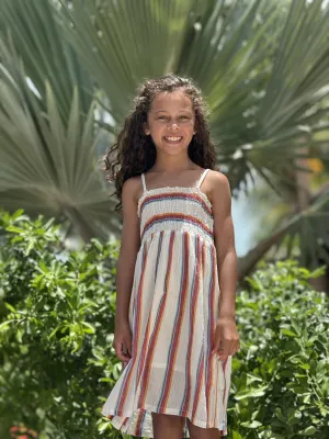 Shirred Strappy Sundress in Raspberry Stripe