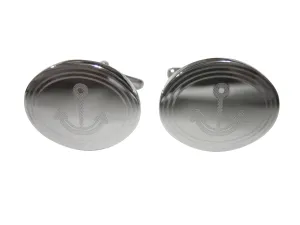 Silver Toned Etched Oval Simple Nautical Anchor Cufflinks