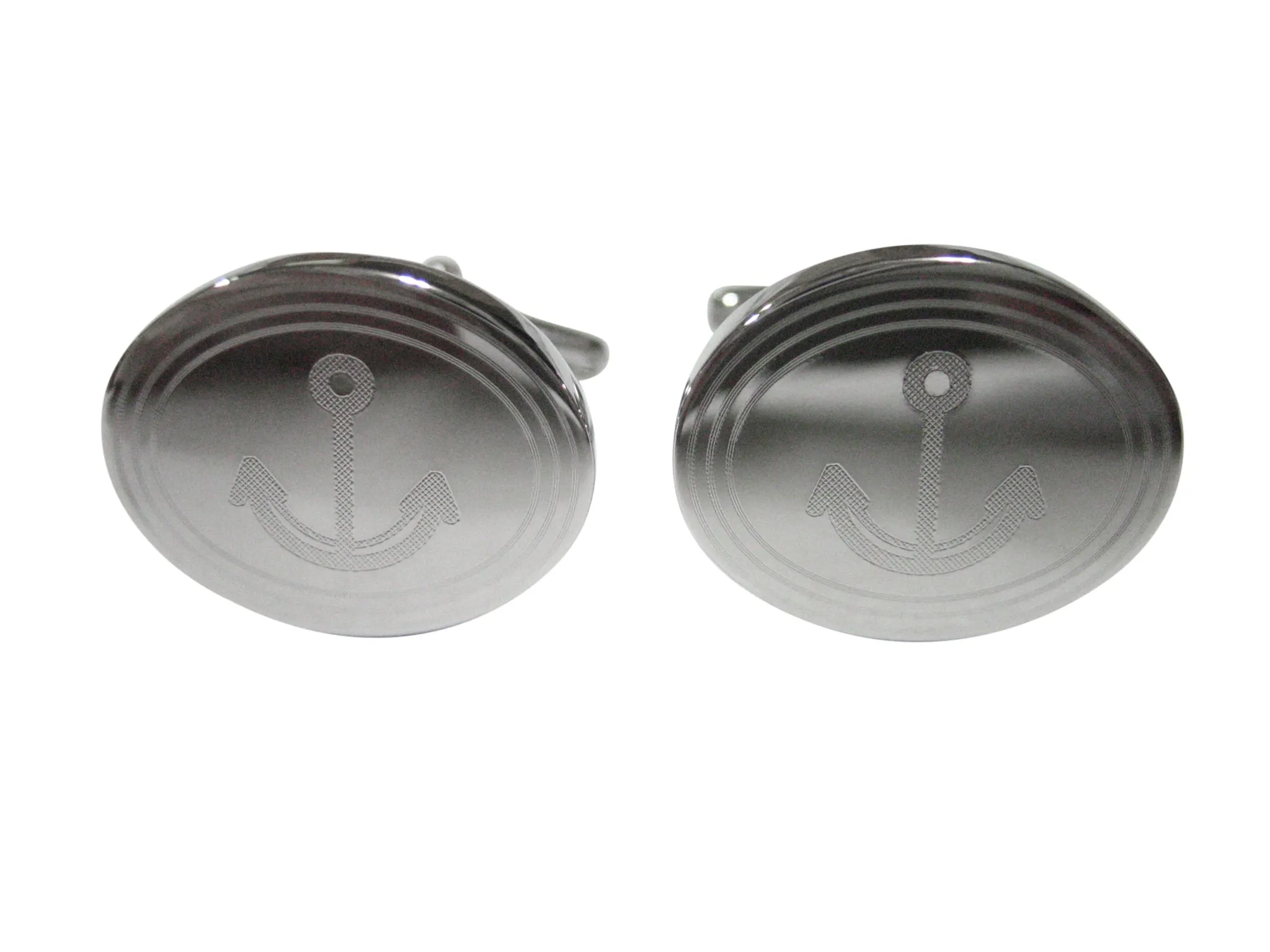 Silver Toned Etched Oval Simple Nautical Anchor Cufflinks