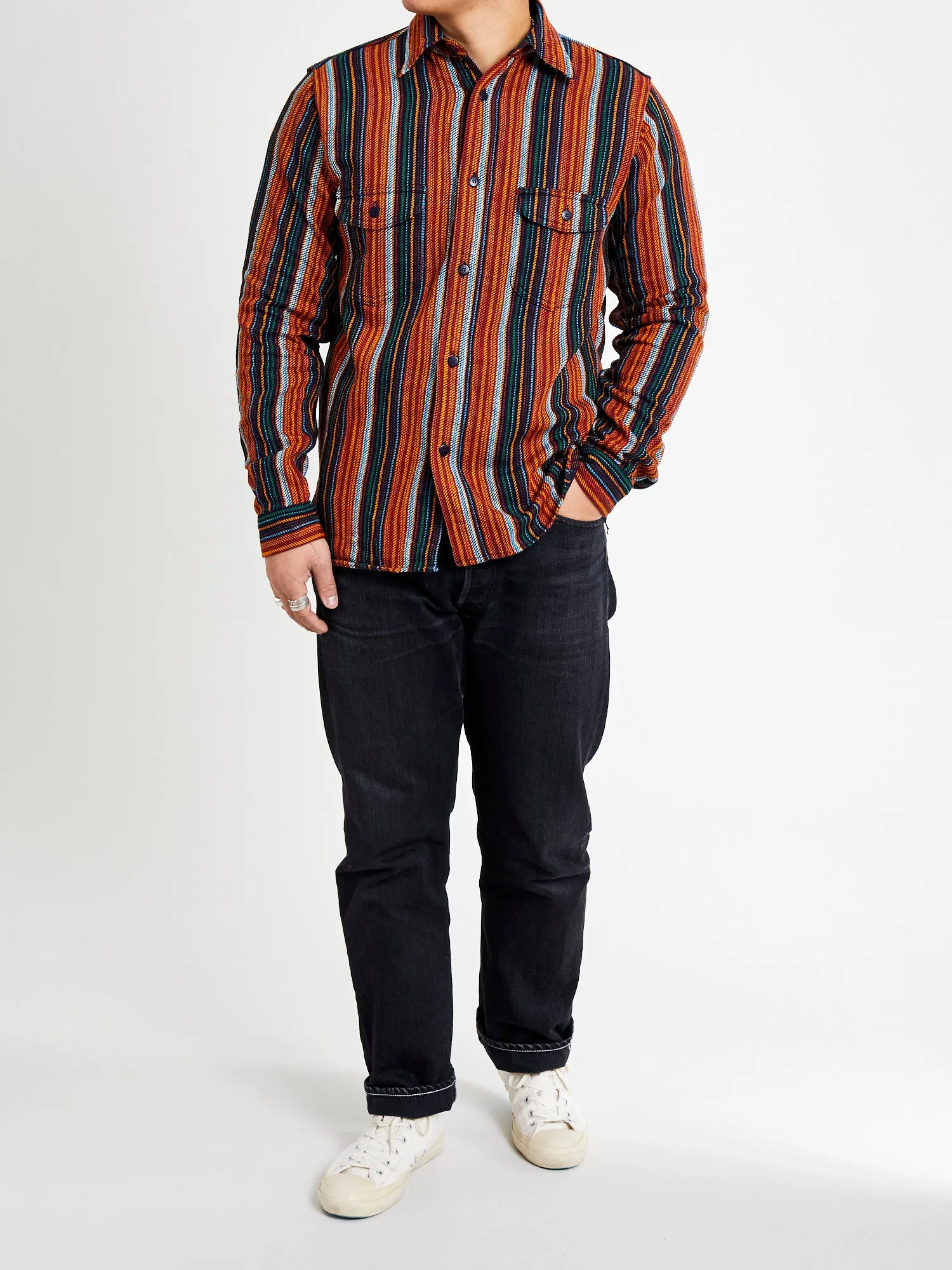 SIN23-02W Rope Dyed Flannel Shirt in Indigo/Orange