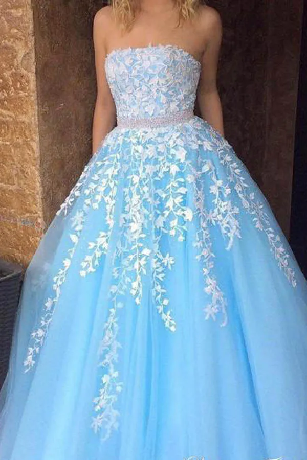 Sky Blue Princess A-line Lace Appliqued Tulle Long Strapless Prom Dresses,MP431