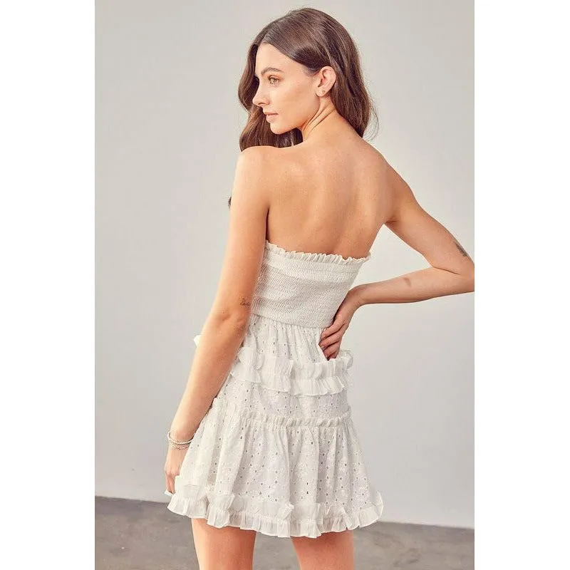 Smocked Strapless Embroidered Dress