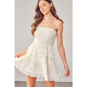 Smocked Strapless Embroidered Dress