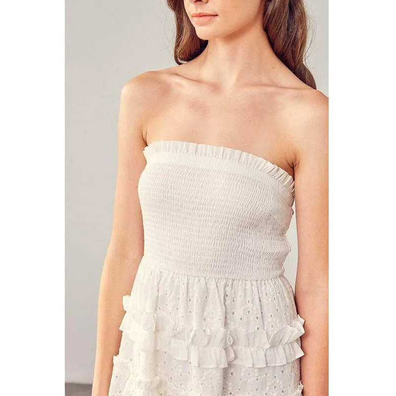 Smocked Strapless Embroidered Dress