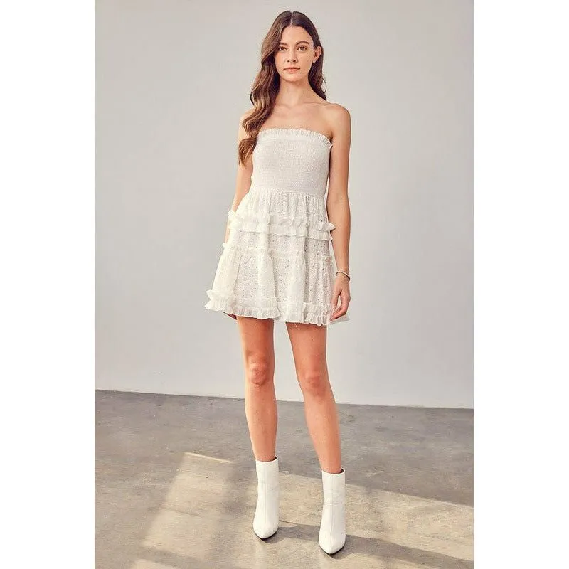 Smocked Strapless Embroidered Dress