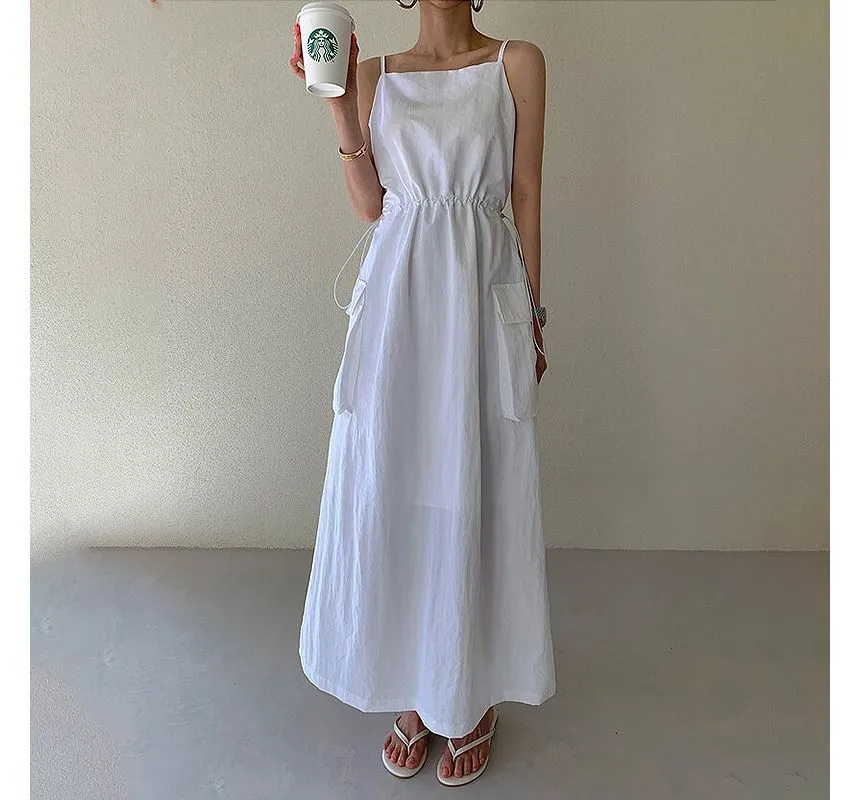 Spaghetti Strap Plain Drawstring Maxi Sundress