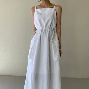 Spaghetti Strap Plain Drawstring Maxi Sundress