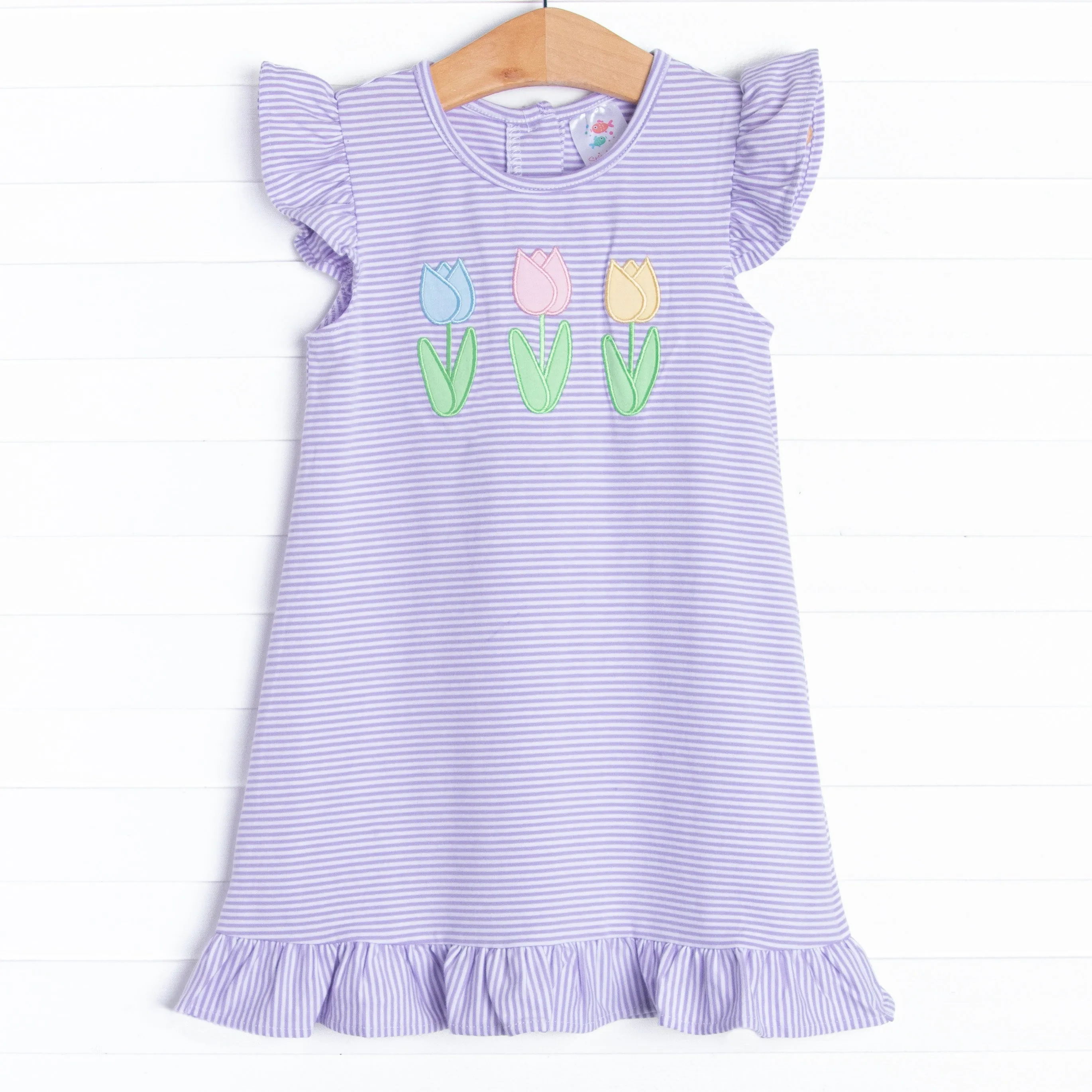 Spring Blooms Applique Dress, Purple Stripe