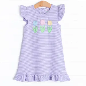 Spring Blooms Applique Dress, Purple Stripe