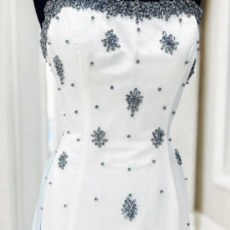 Strapless A-line Beads Side Slit Formal Prom Dresses with Train
