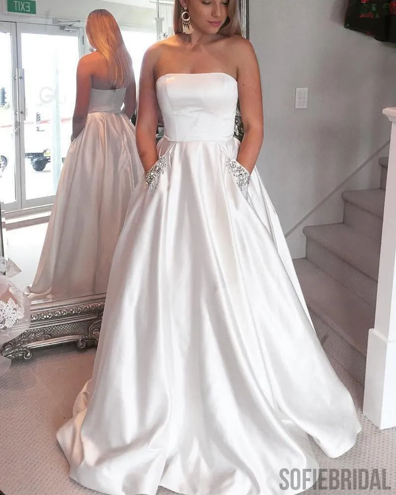 Strapless A-line Simple Stain Prom Dresses With Beading Pocket, PD0031