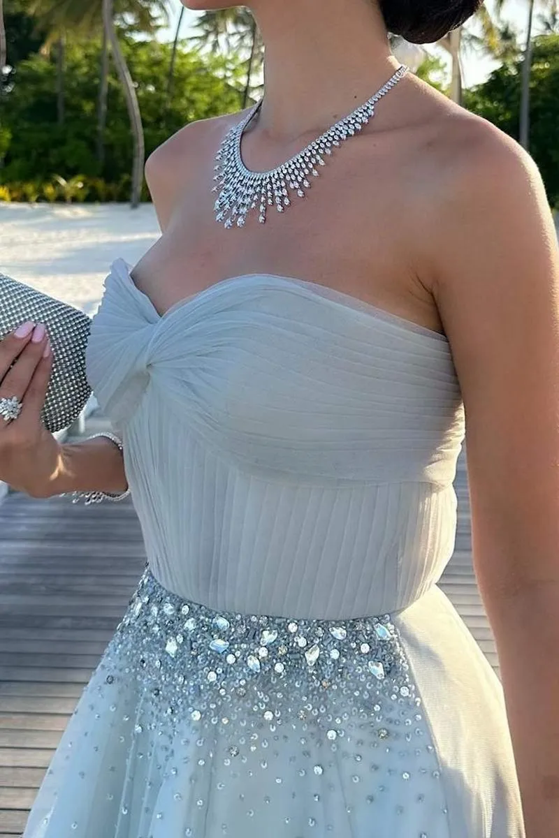 Strapless A-line Tulle Long Prom Dresses with Beading