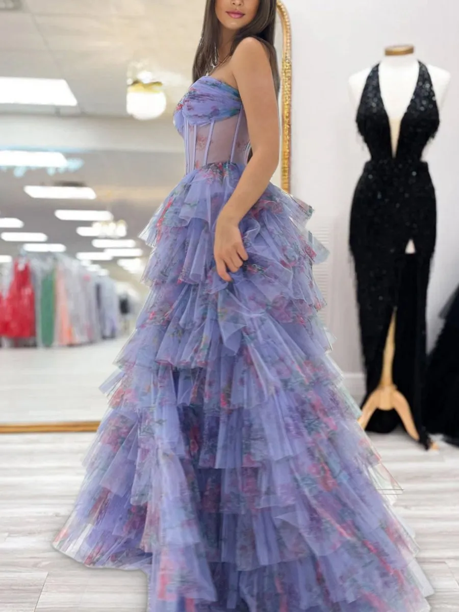 Strapless A-line Tulle Printed Ruffle Tie Prom Dresses with Slit
