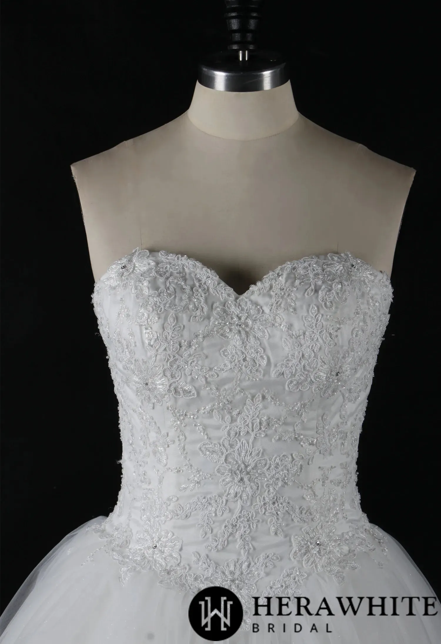 Strapless Beaded Lace Ball Gown With Corset Bodice