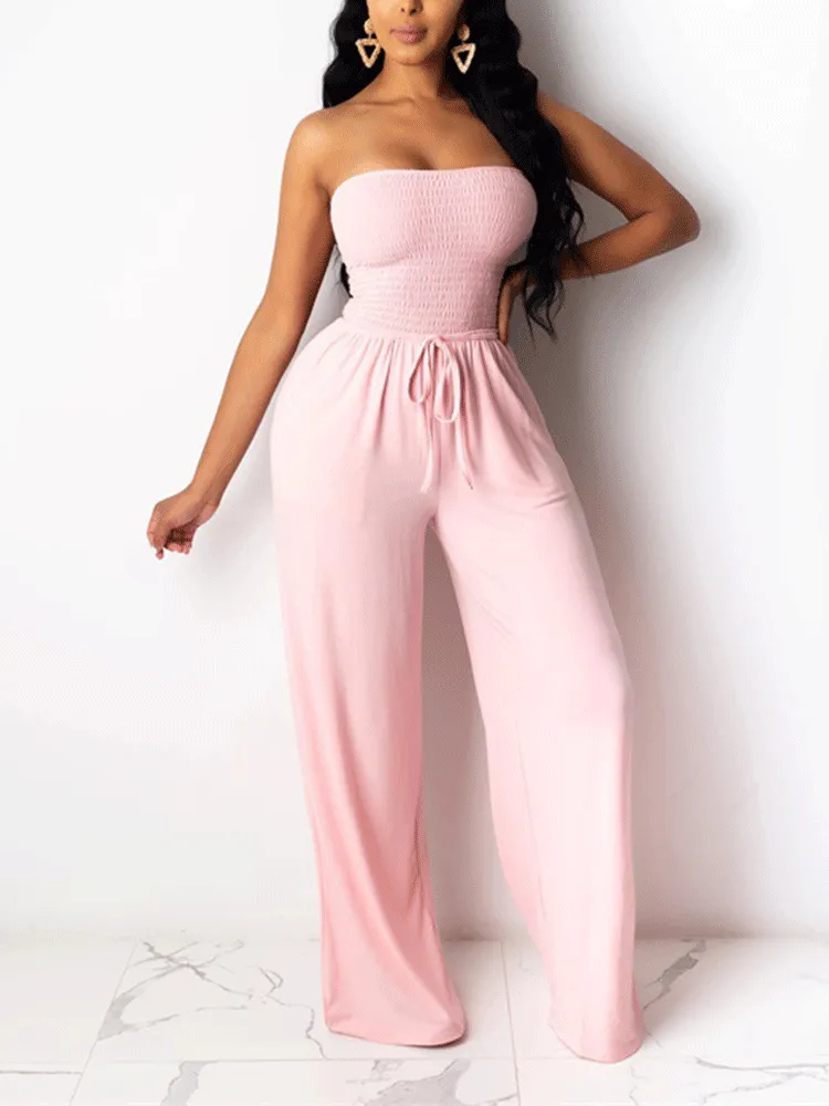 Strapless Drawstring Wide Leg Jumpsuit