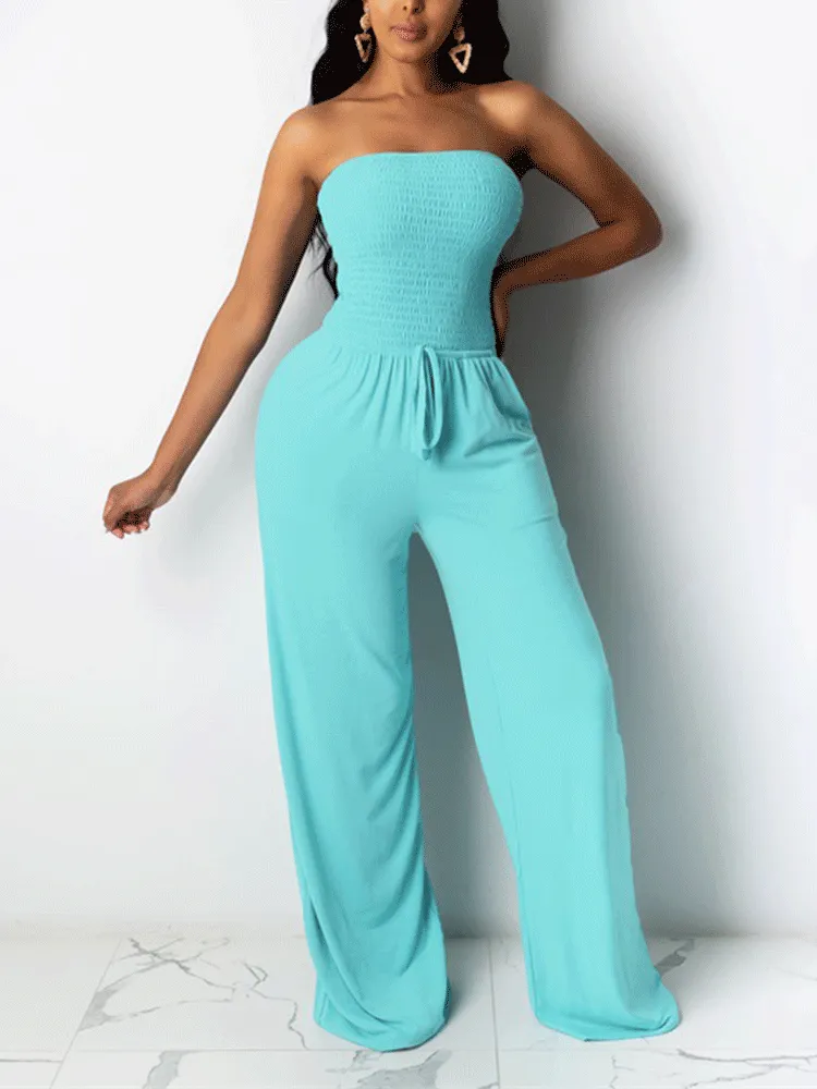 Strapless Drawstring Wide Leg Jumpsuit