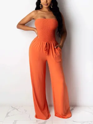 Strapless Drawstring Wide Leg Jumpsuit