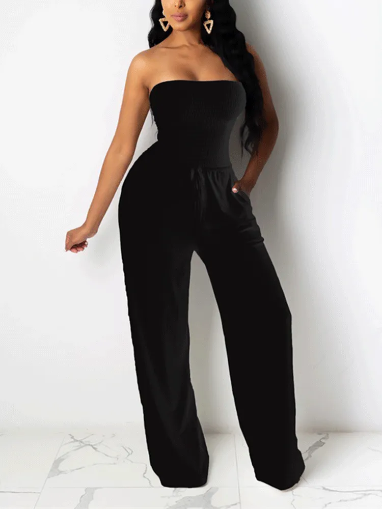 Strapless Drawstring Wide Leg Jumpsuit