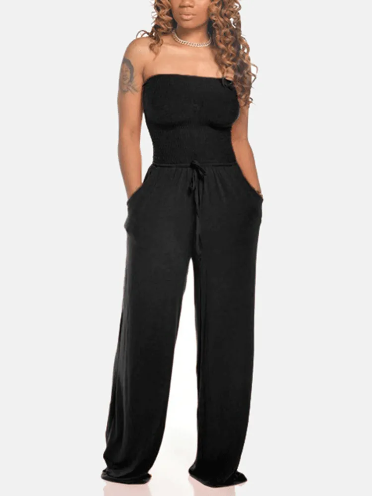 Strapless Drawstring Wide Leg Jumpsuit