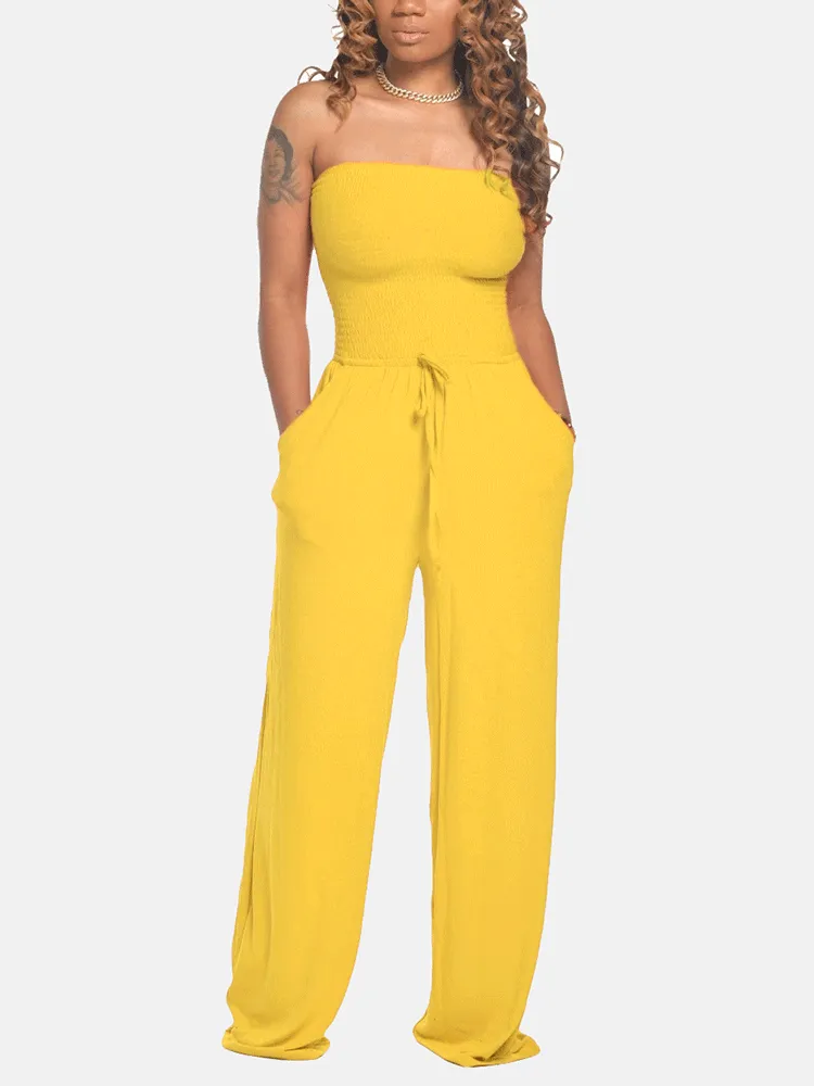 Strapless Drawstring Wide Leg Jumpsuit