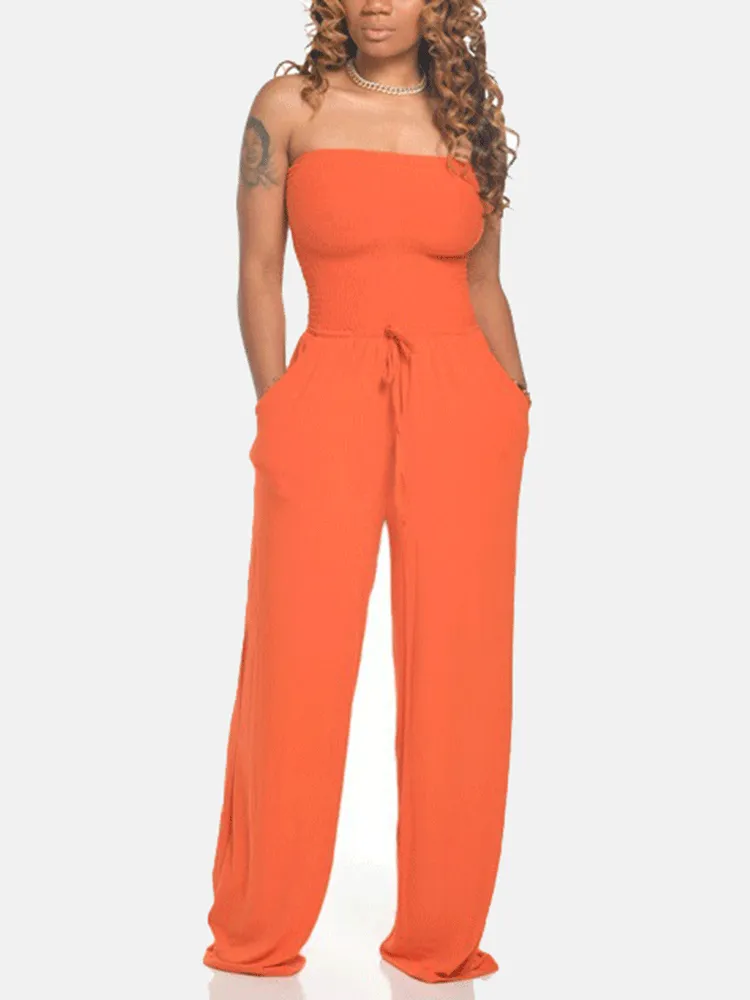 Strapless Drawstring Wide Leg Jumpsuit