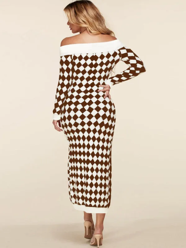 Strapless Geometric Plaid Midi Dress with Button-Down Front