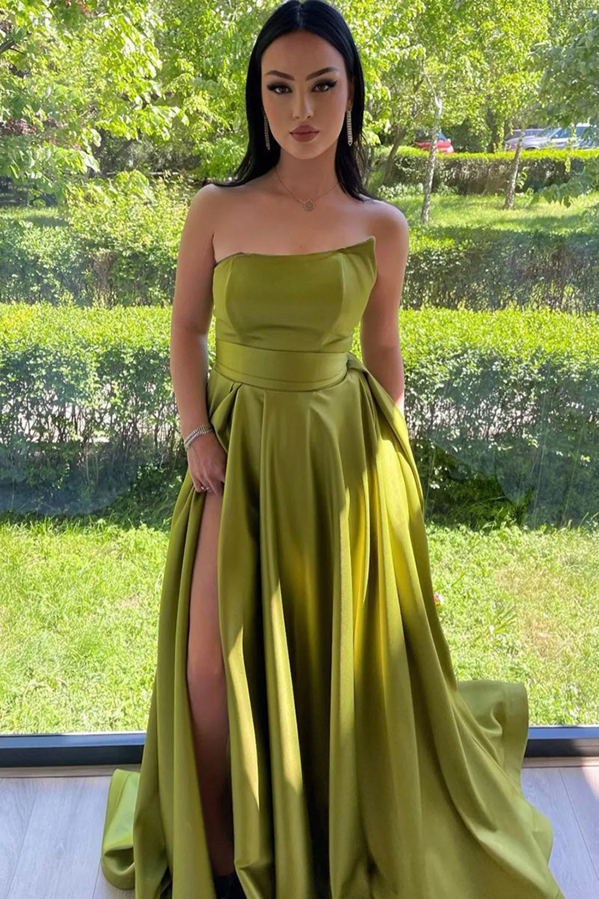 Strapless Green Satin Long Prom Dress with High Slit, Long Green Formal Graduation Evening Dress A1879