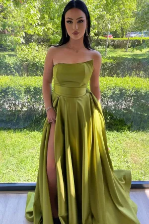 Strapless Green Satin Long Prom Dress with High Slit, Long Green Formal Graduation Evening Dress A1879