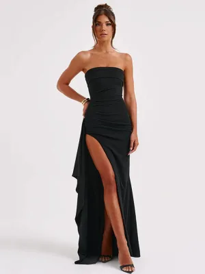 Strapless Maxi Dress with High Slit and Bateau Neckline
