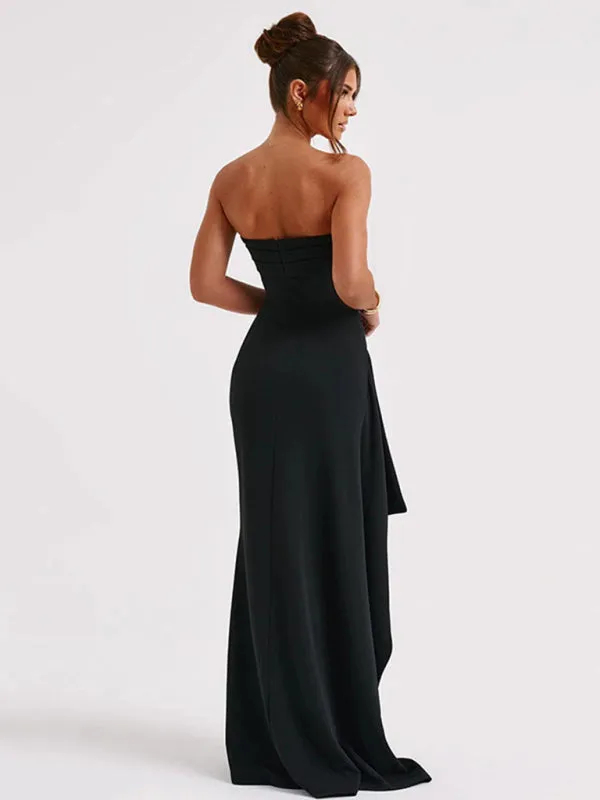 Strapless Maxi Dress with High Slit and Bateau Neckline