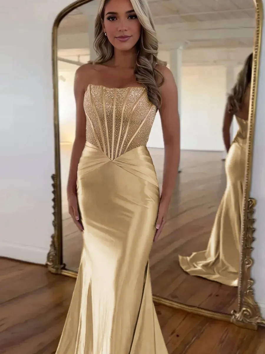 Strapless Mermaid Satin Long Prom Dresses with Beading