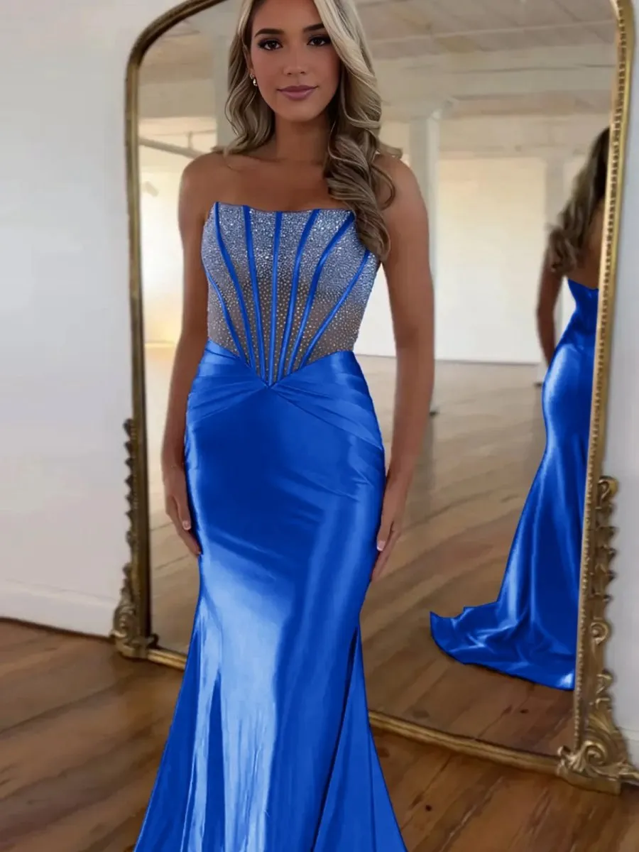 Strapless Mermaid Satin Long Prom Dresses with Beading