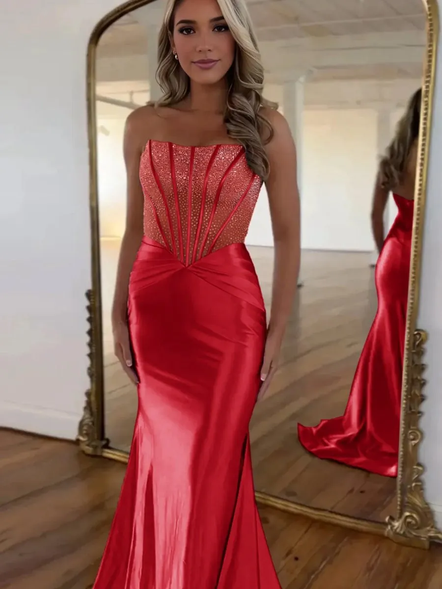 Strapless Mermaid Satin Long Prom Dresses with Beading