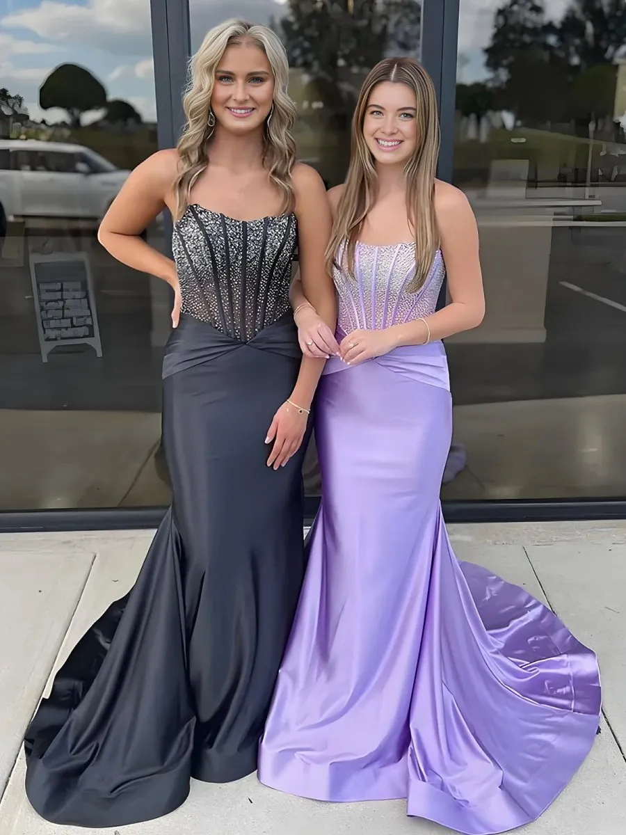 Strapless Mermaid Satin Long Prom Dresses with Beading