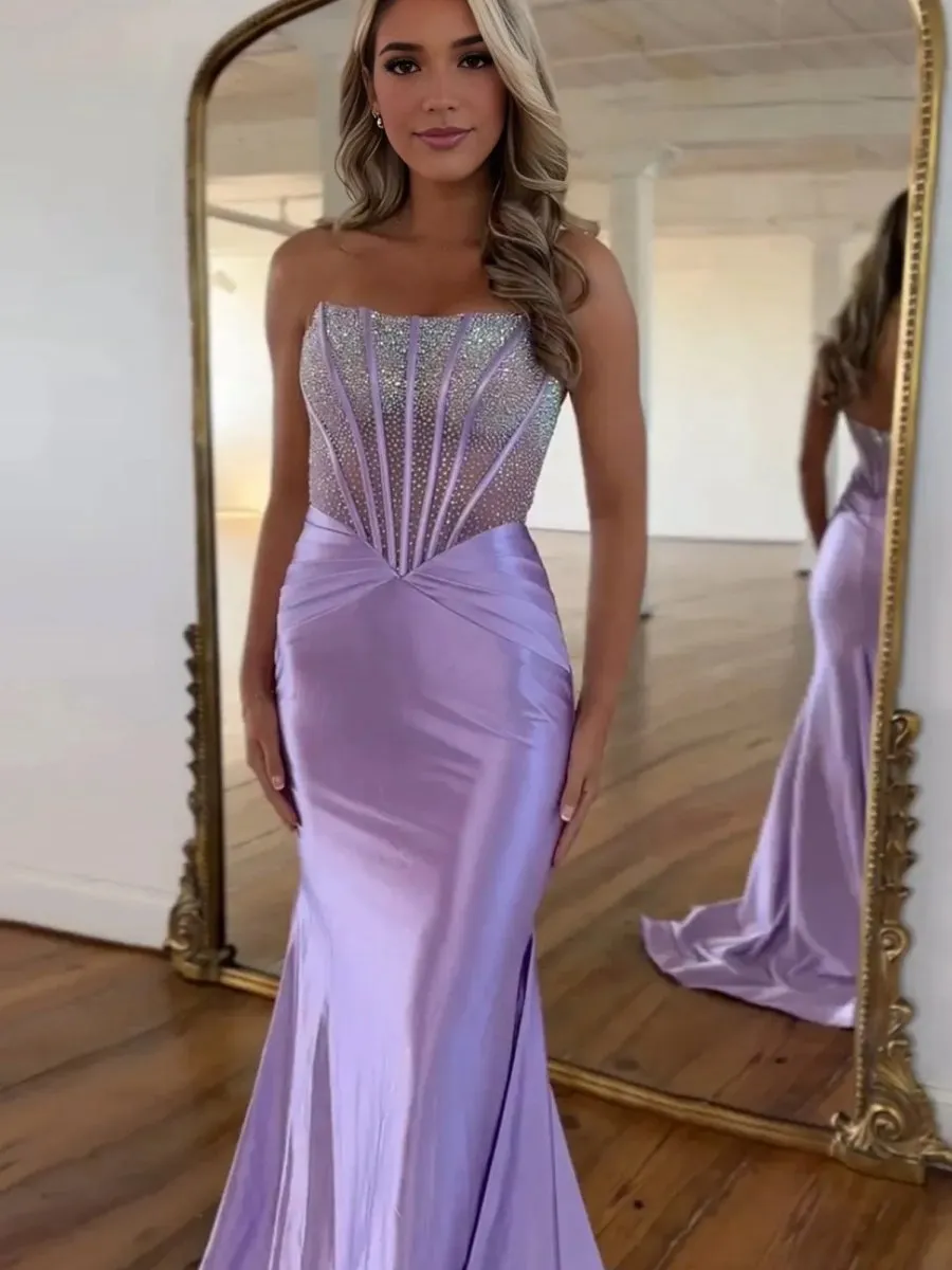 Strapless Mermaid Satin Long Prom Dresses with Beading