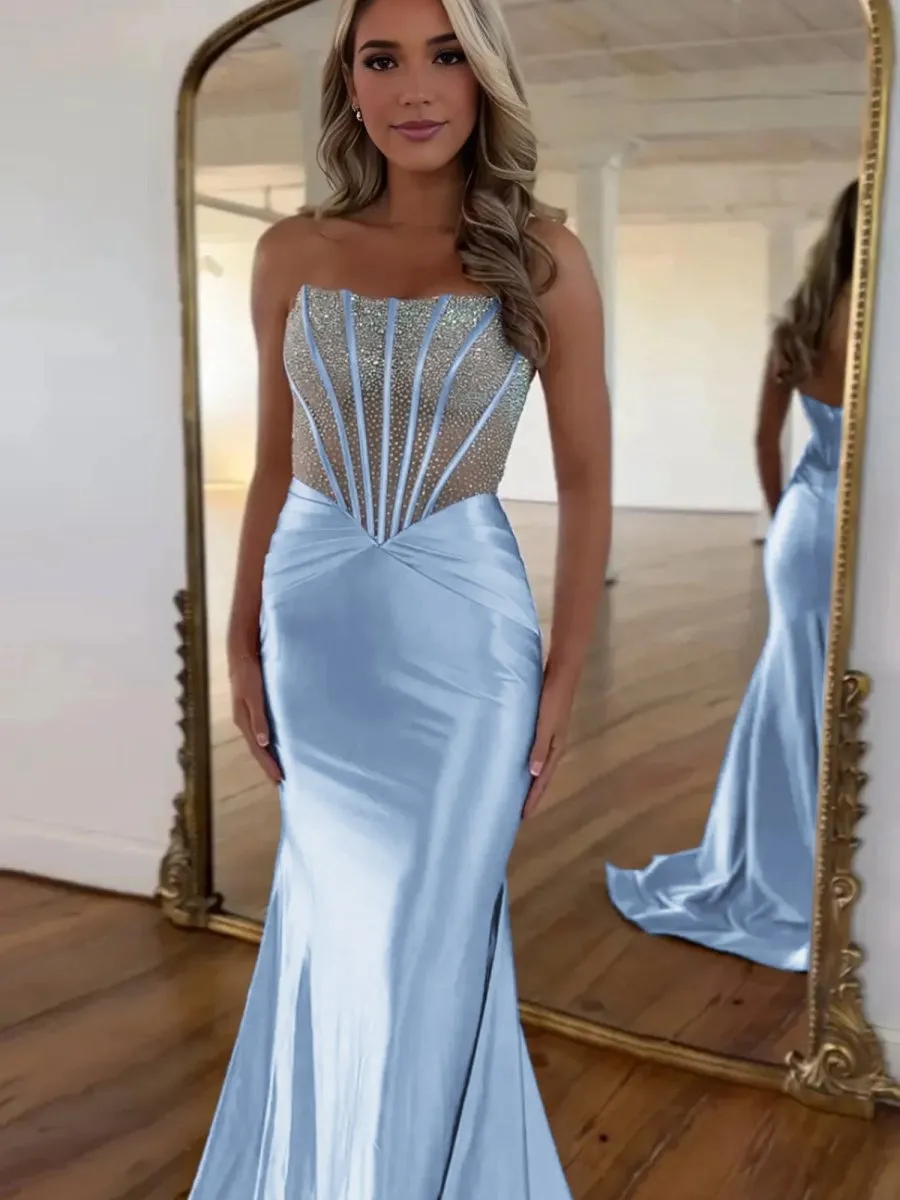 Strapless Mermaid Satin Long Prom Dresses with Beading