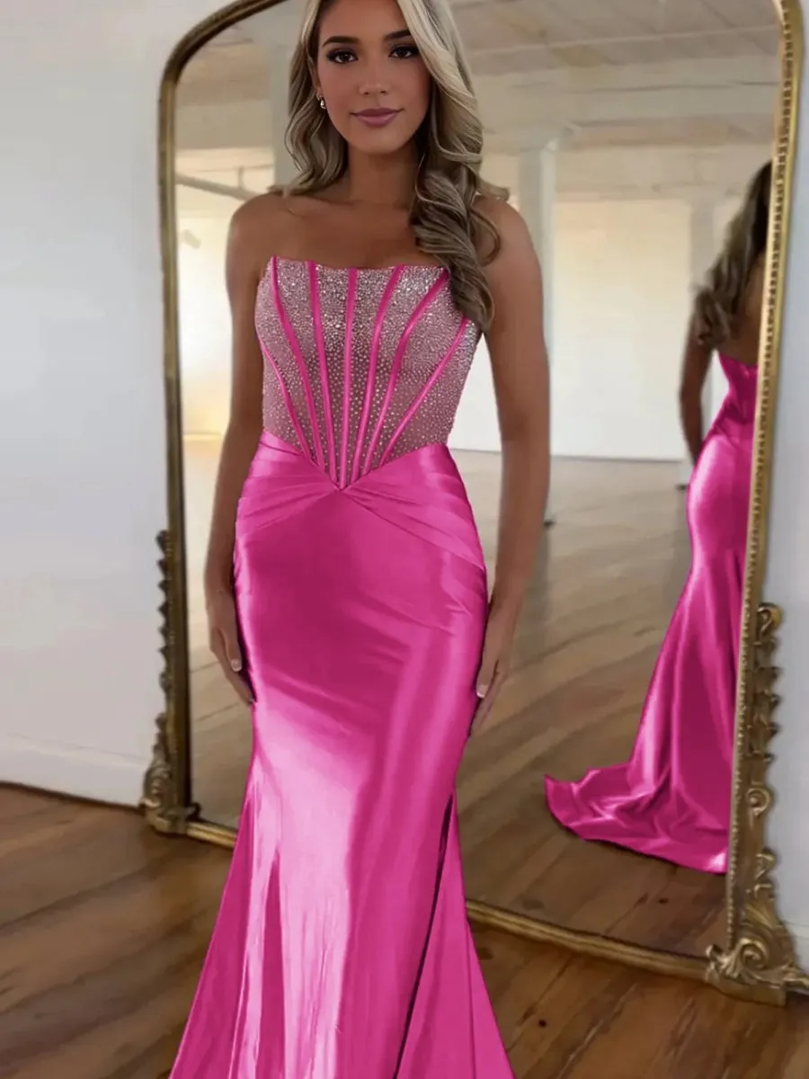 Strapless Mermaid Satin Long Prom Dresses with Beading