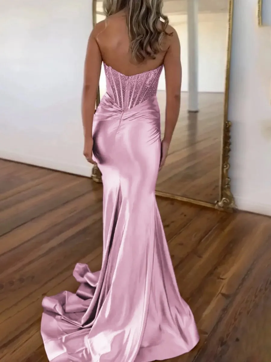 Strapless Mermaid Satin Long Prom Dresses with Beading
