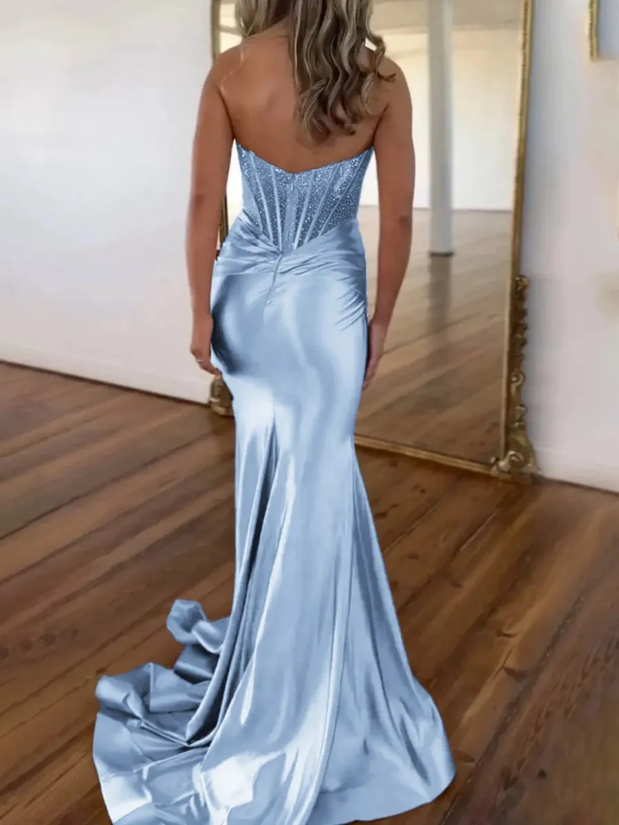 Strapless Mermaid Satin Long Prom Dresses with Beading