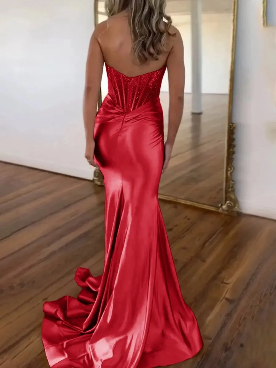 Strapless Mermaid Satin Long Prom Dresses with Beading