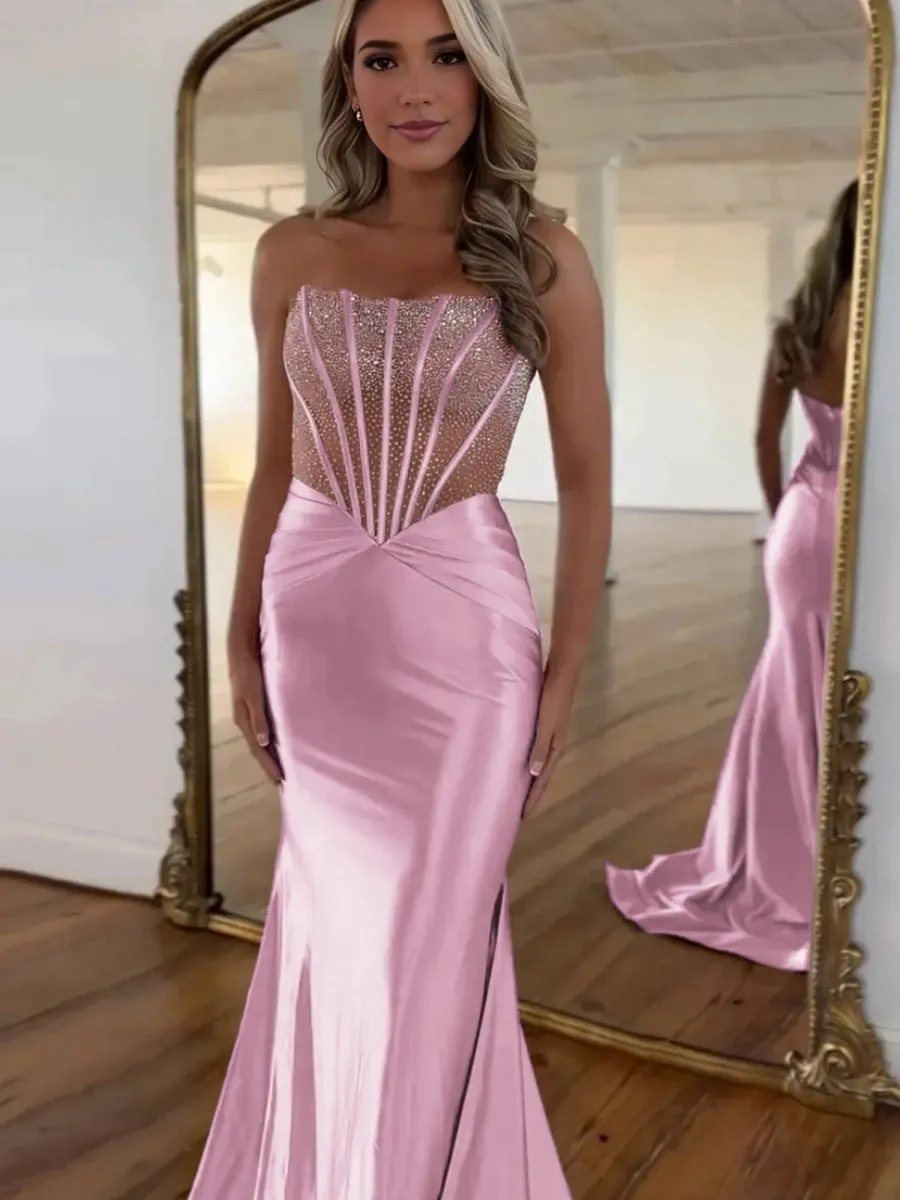 Strapless Mermaid Satin Long Prom Dresses with Beading