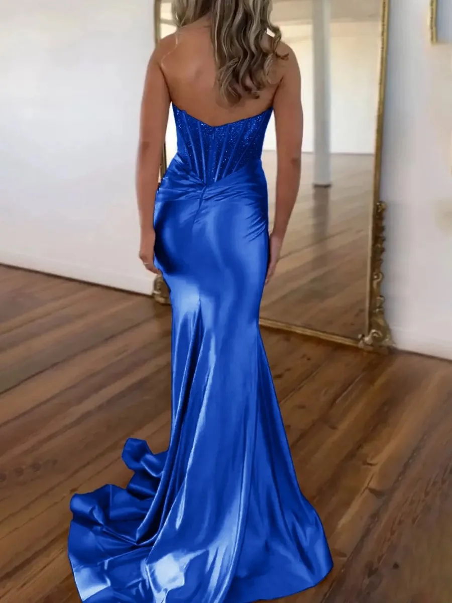 Strapless Mermaid Satin Long Prom Dresses with Beading