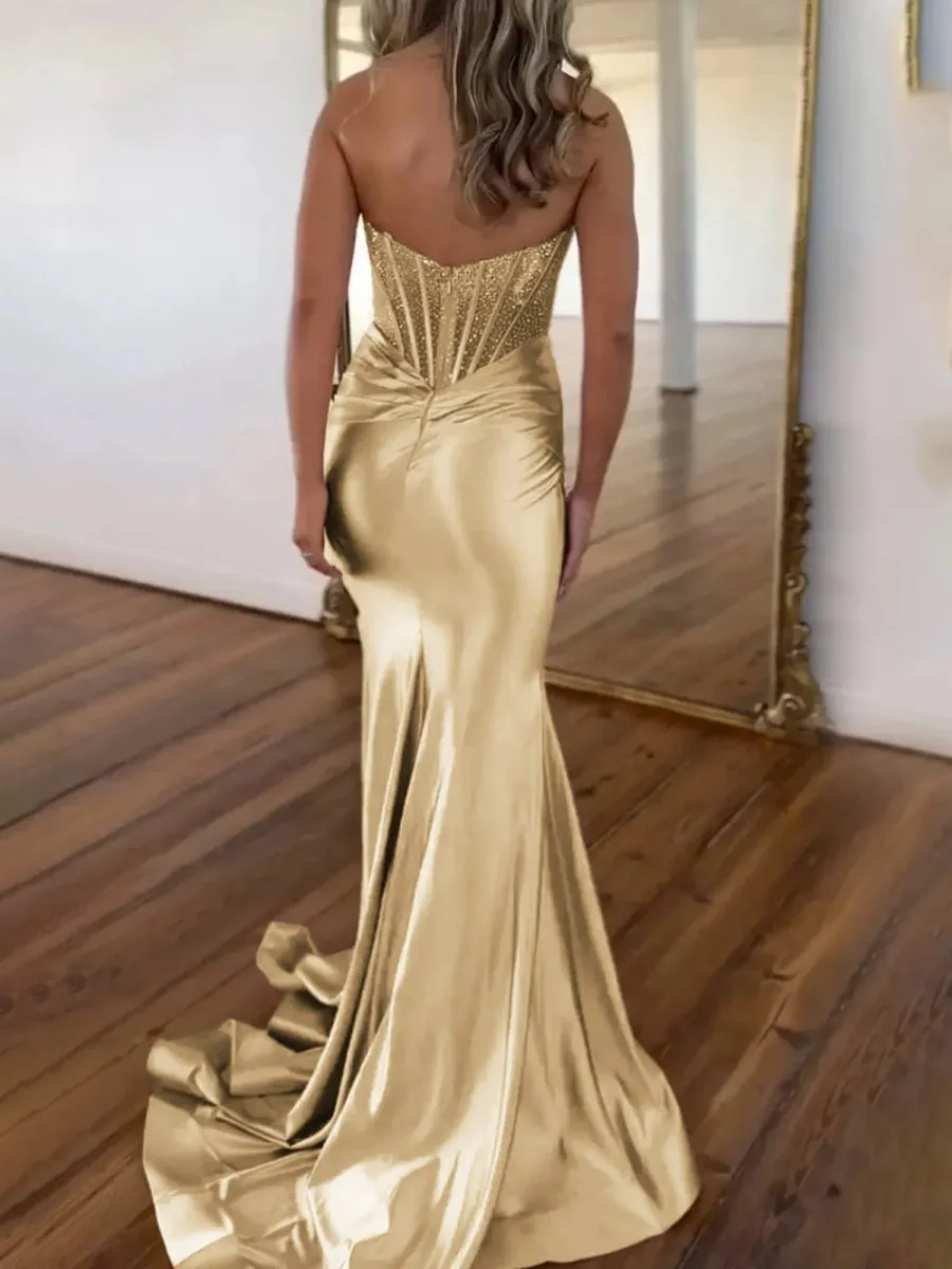 Strapless Mermaid Satin Long Prom Dresses with Beading