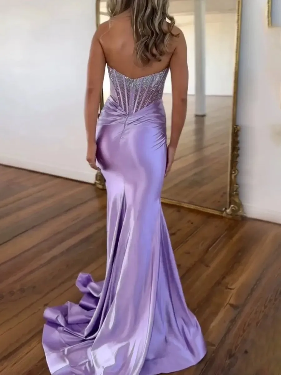 Strapless Mermaid Satin Long Prom Dresses with Beading