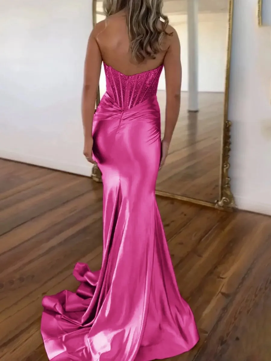 Strapless Mermaid Satin Long Prom Dresses with Beading