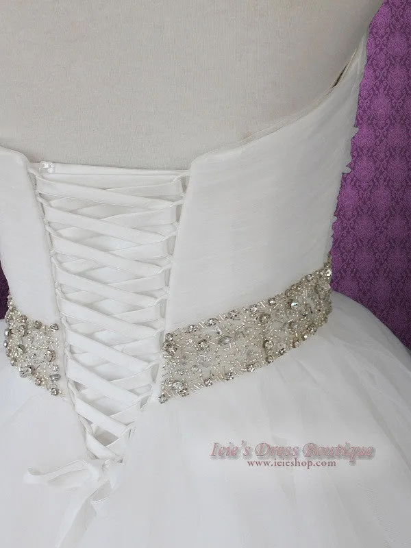 Strapless Princess Ball Gown Wedding Dress with Tulle Layered Ruffles and Jeweled Flower Sash | Sammy