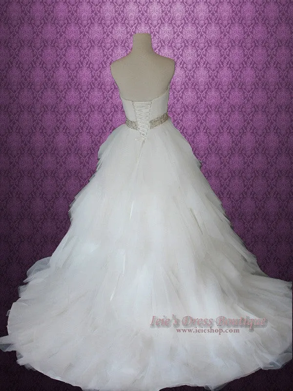 Strapless Princess Ball Gown Wedding Dress with Tulle Layered Ruffles and Jeweled Flower Sash | Sammy