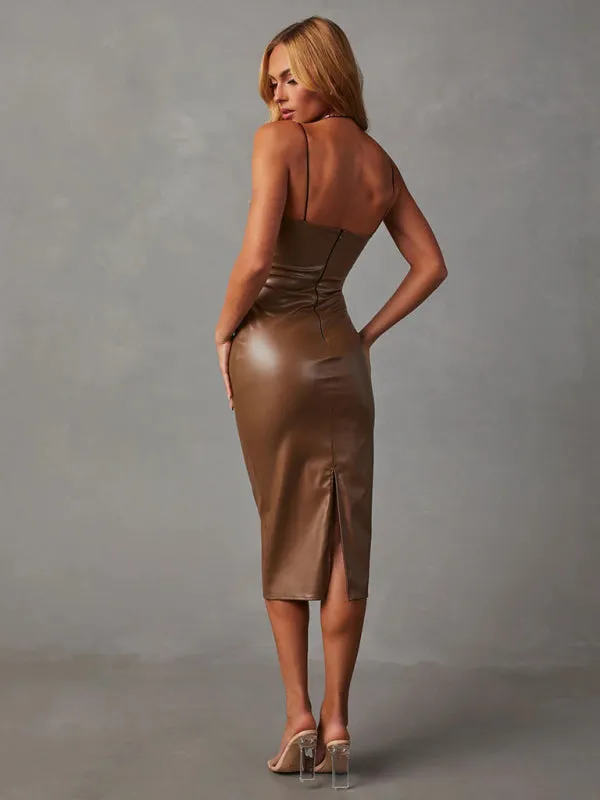 Strapless PU Leather Bodycon Dress with Hip Slit